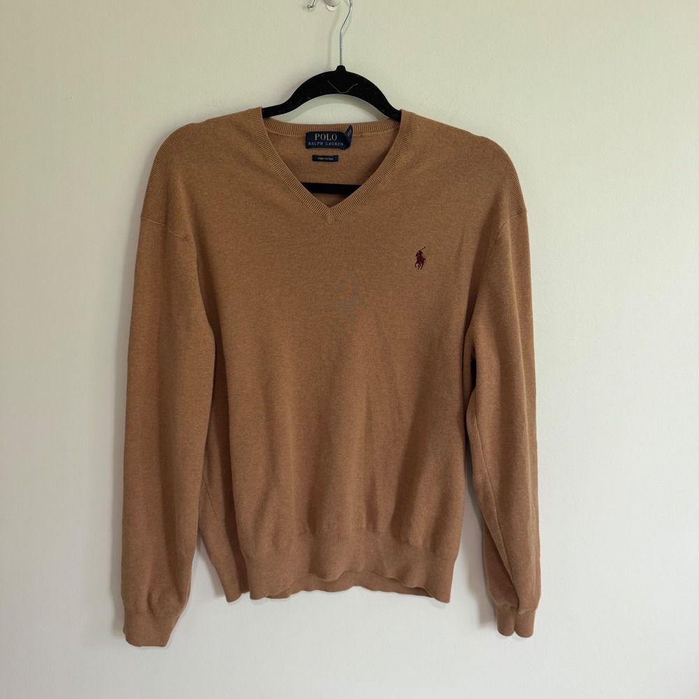Polo Ralph Lauren Mens V-Neck Pima Cotton Sweater Tan Brown Large